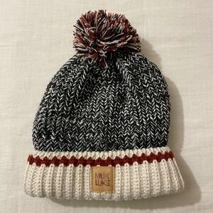Muk Luks Pom Pom Beanie Hat Black White Red Knit Lined Winter‎ Warm OSFM